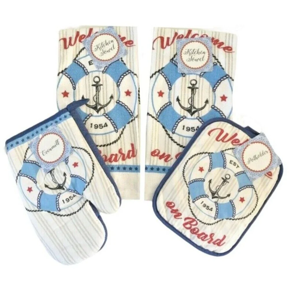 Anchor Dish Towels Oven Mitt Potholder Set of 4 Welcome on Board Beach Boat
